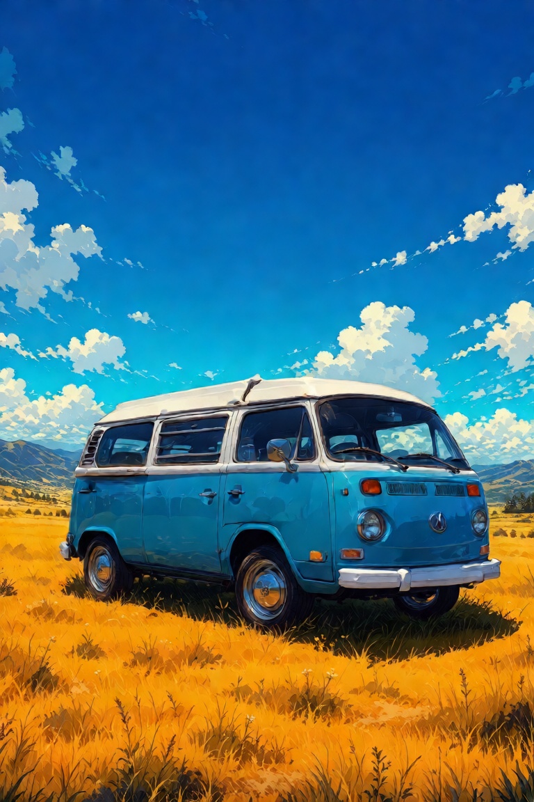 Midjourney_palette masterpiece best_quality highres newest volkswagen_type_2 van vehicle car blue_vehicle two-tone scenery...