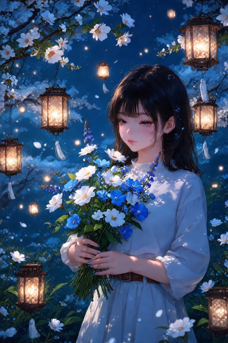 The image depicts a young girl surrounded by floating lanterns and blooming flowers. The girl has dark hair and is wearing...