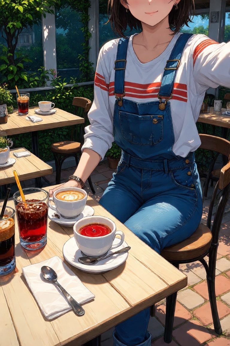 The image depicts a person taking a selfie at a café. The person is wearing a white long-sleeve shirt with red horizontal...