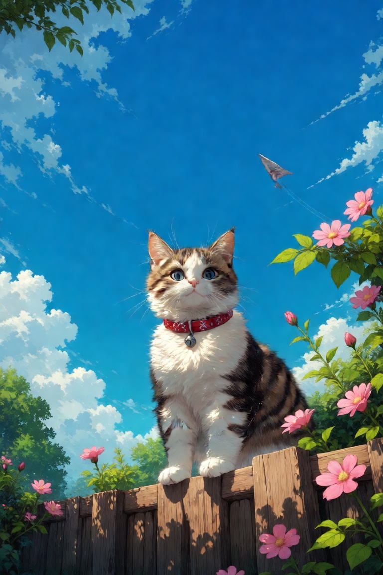 The image depicts a close-up of a cat peeking over a wooden fence. The cat has large,  expressive eyes and a fluffy,  ligh...