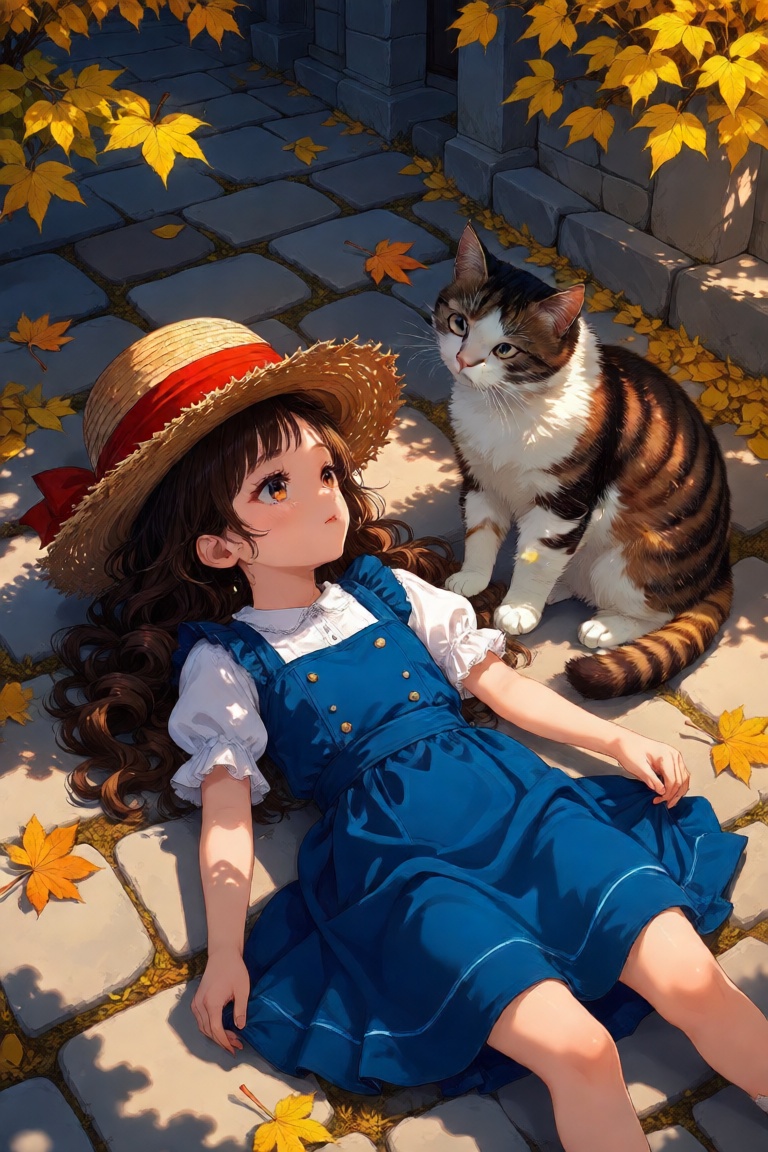 The image depicts a young girl with long,  curly brown hair wearing a blue dress with white sleeves. She is wearing a stra...