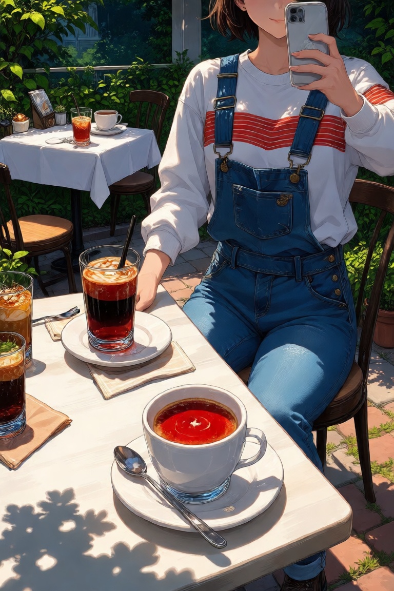 The image depicts a person taking a selfie at a café. The person is wearing a white long-sleeve shirt with red horizontal...