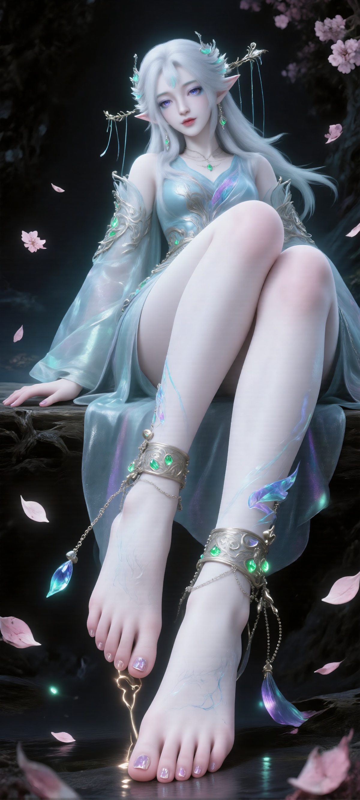 Digital artwork of a beautiful ethereal elf woman with long flowing white hair and teal highlights. She has large pointed...