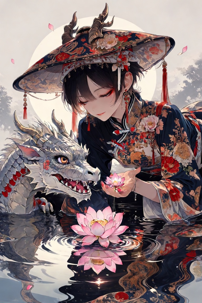 The image depicts a serene and mystical scene. A person is lying on their stomach,  dressed in an intricately designed tra...