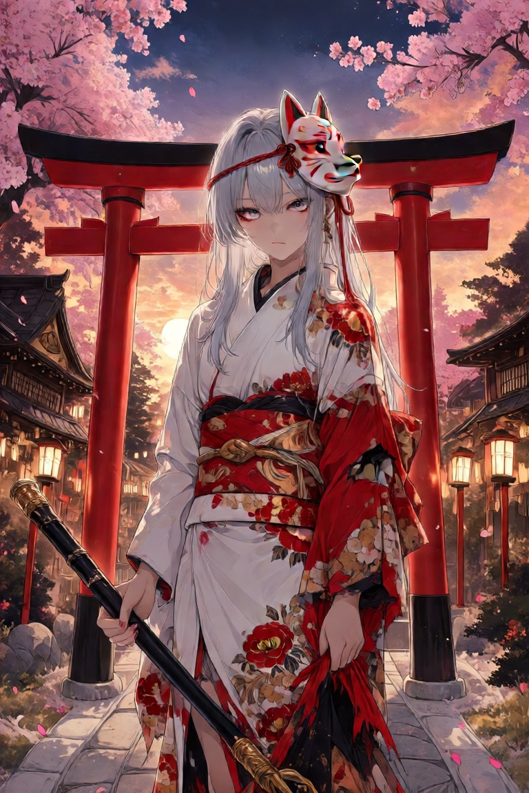 The image depicts a character dressed in traditional Japanese attire,  standing in front of a red torii gate. The characte...
