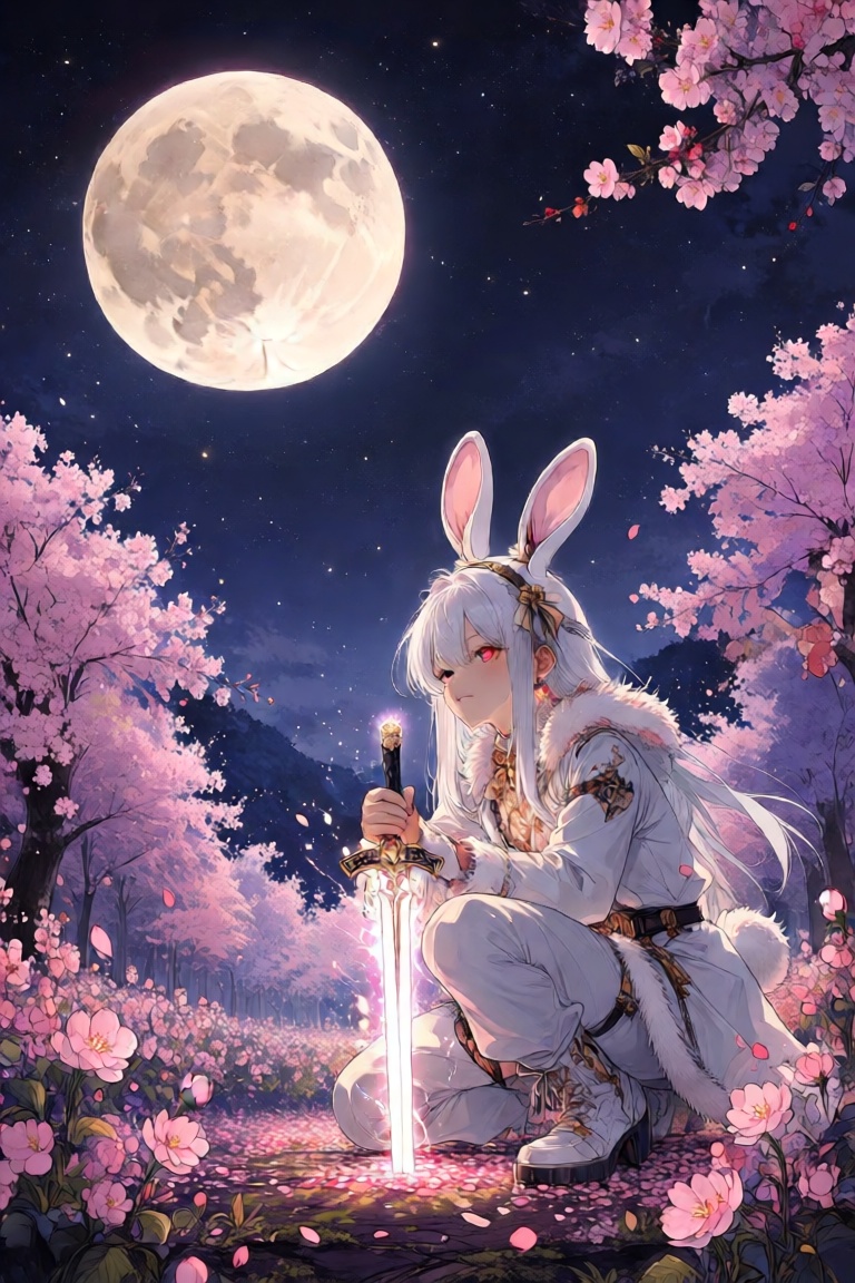 The image depicts a character kneeling on the ground amidst a field of cherry blossoms. The character has long white hair...
