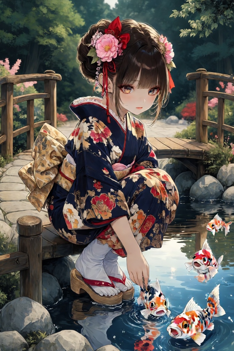 The image depicts a serene scene with a young girl dressed in a traditional kimono,  crouching by a wooden bridge over a p...