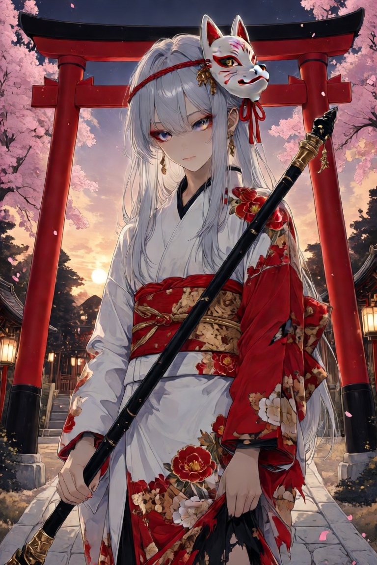 The image depicts a character dressed in traditional Japanese attire,  standing in front of a red torii gate. The characte...