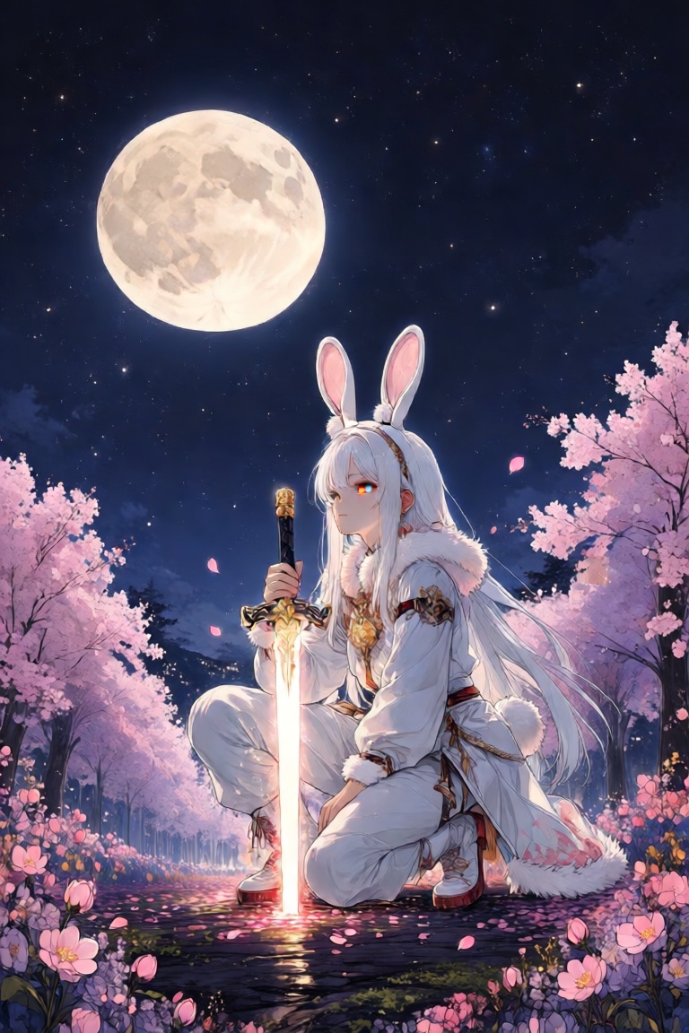 The image depicts a character kneeling on the ground amidst a field of cherry blossoms. The character has long white hair...