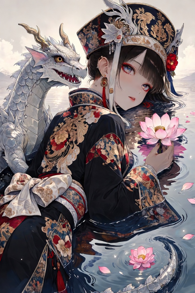 The image depicts a serene and mystical scene. A person is lying on their stomach,  dressed in an intricately designed tra...