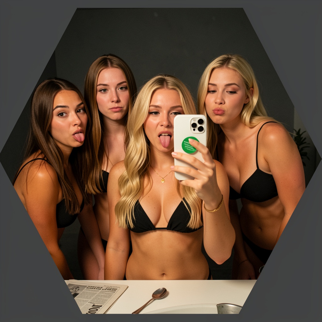 Photograph of four young women taking a selfie in a dimly lit room. The central woman,  with blonde,  wavy hair and light...