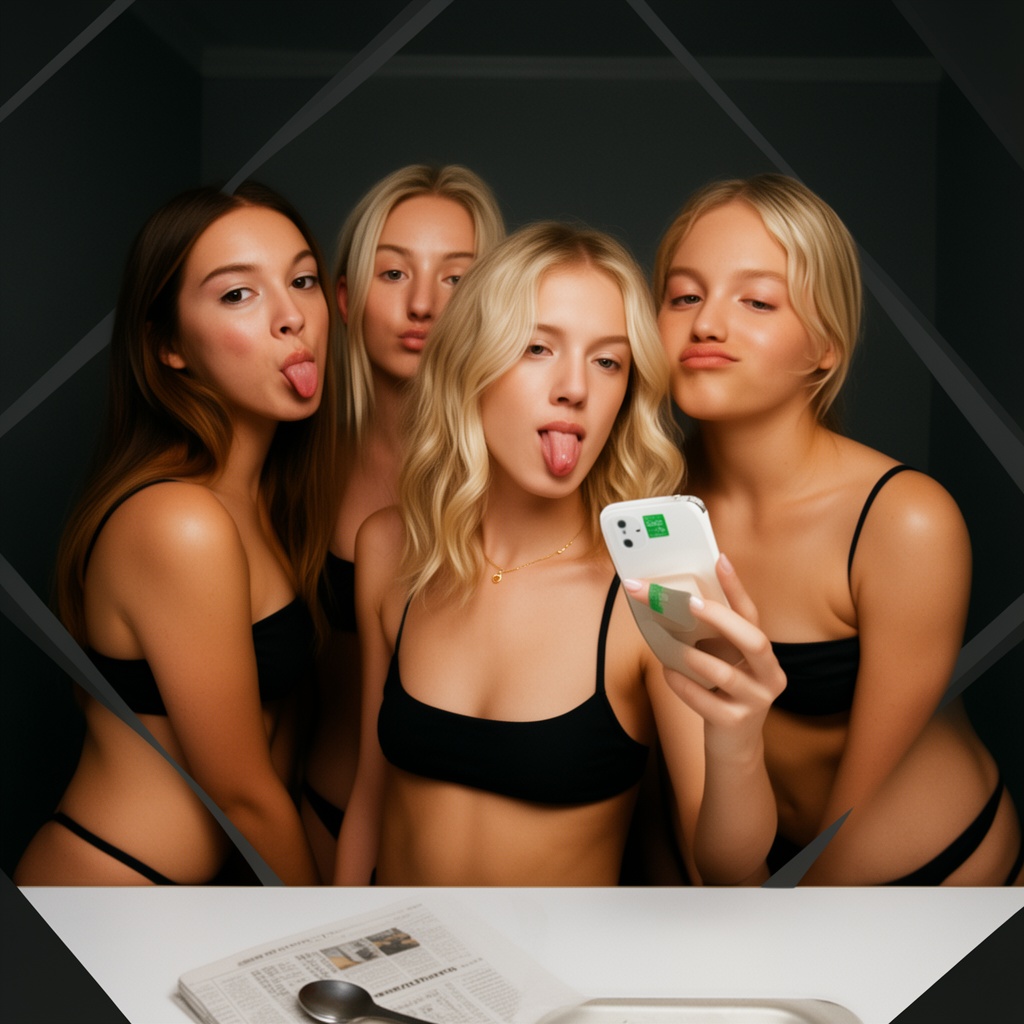 Photograph of four young women taking a selfie in a dimly lit room. The central woman,  with blonde,  wavy hair and light...