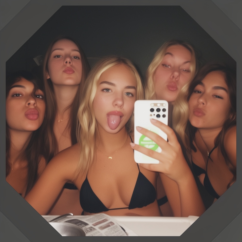 Photograph of four young women taking a selfie in a dimly lit room. The central woman,  with blonde,  wavy hair and light...