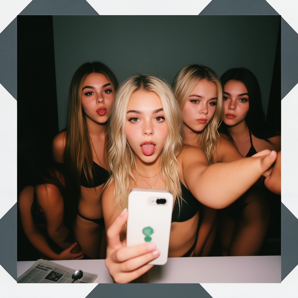 Photograph of four young women taking a selfie in a dimly lit room. The central woman,  with blonde,  wavy hair and light...