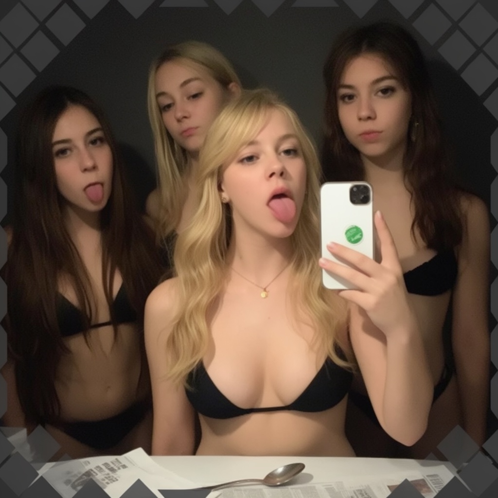 Photograph of four young women taking a selfie in a dimly lit room. The central woman,  with blonde,  wavy hair and light...