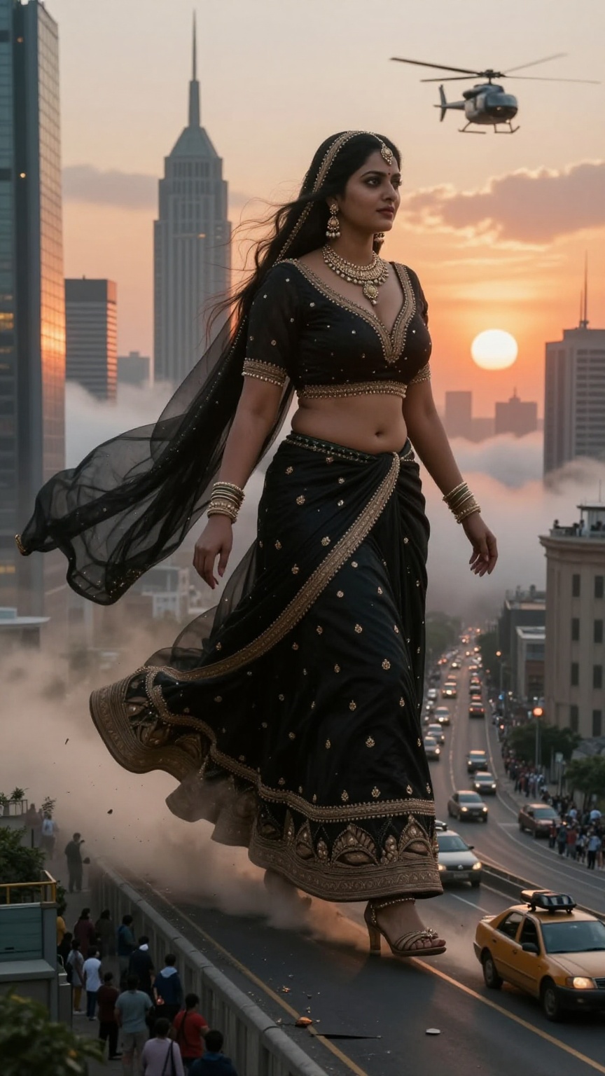 A gigantic South Asian woman striding through a dense futuristic city skyline at sunset,  her body rising above the clouds...