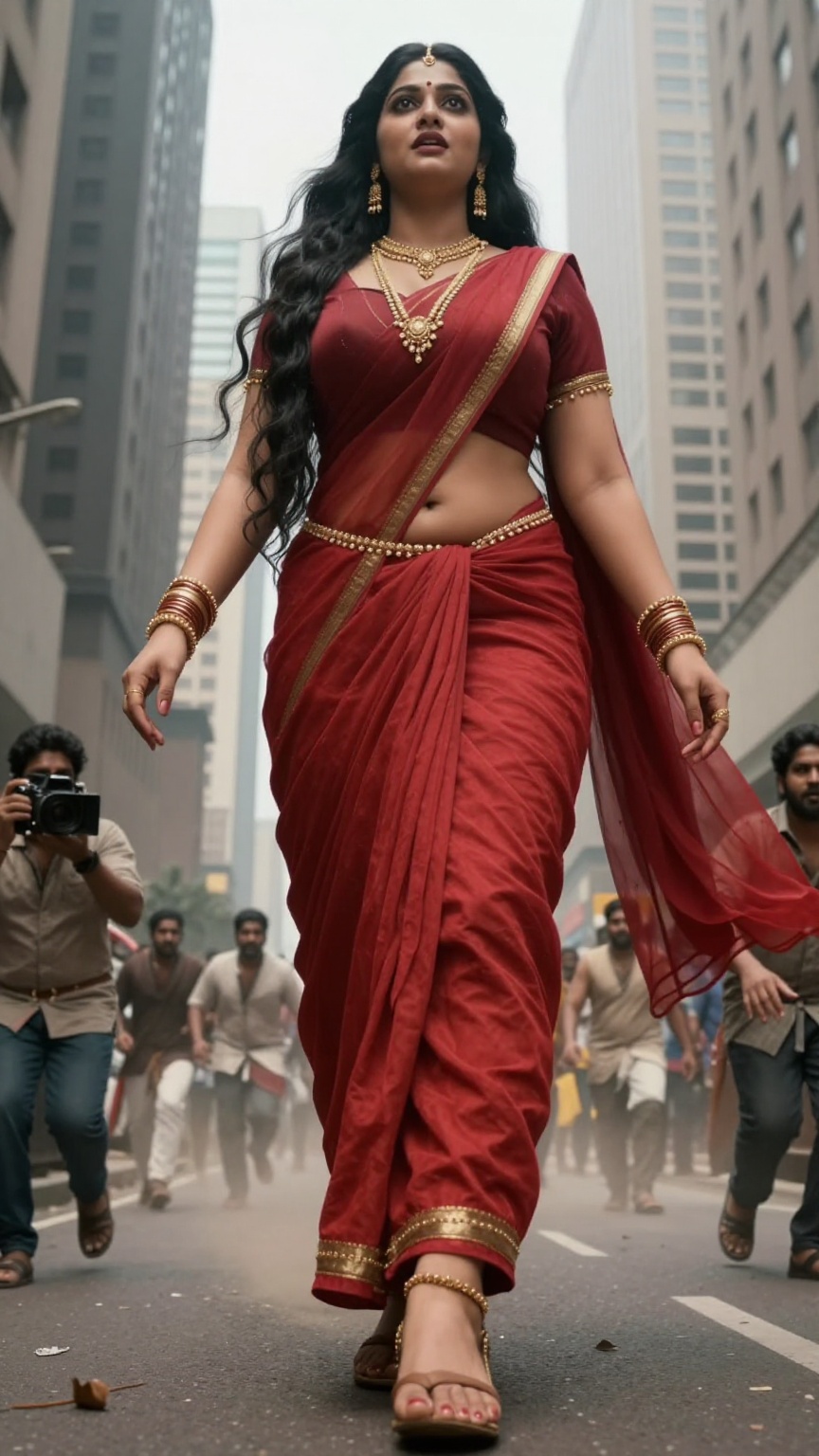 Gigantic South Asian woman taller than all skyscrapers,  extreme low-angle cinematic front shot,  flowing red silk sari wi...