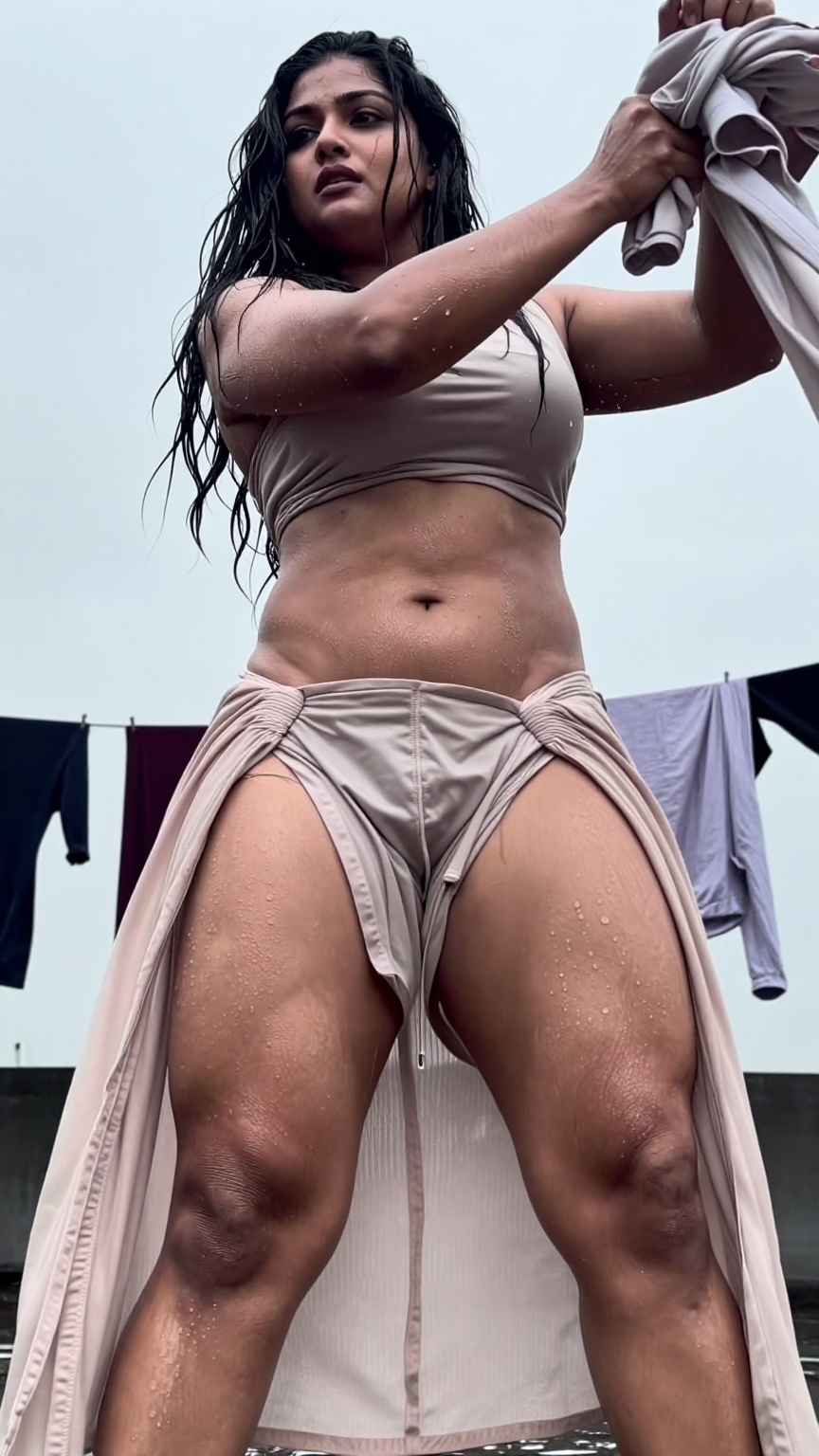 Forensic level realistic low angle candid action portrait of a young South Asian woman approximately 20-23 years old with...