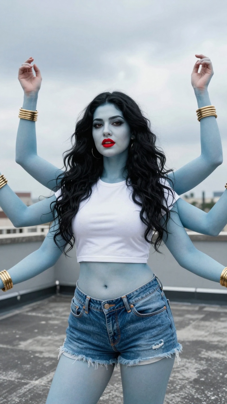Photograph of a woman with striking pale skin and multiple arms standing on a rooftop with a cloudy sky in the background....