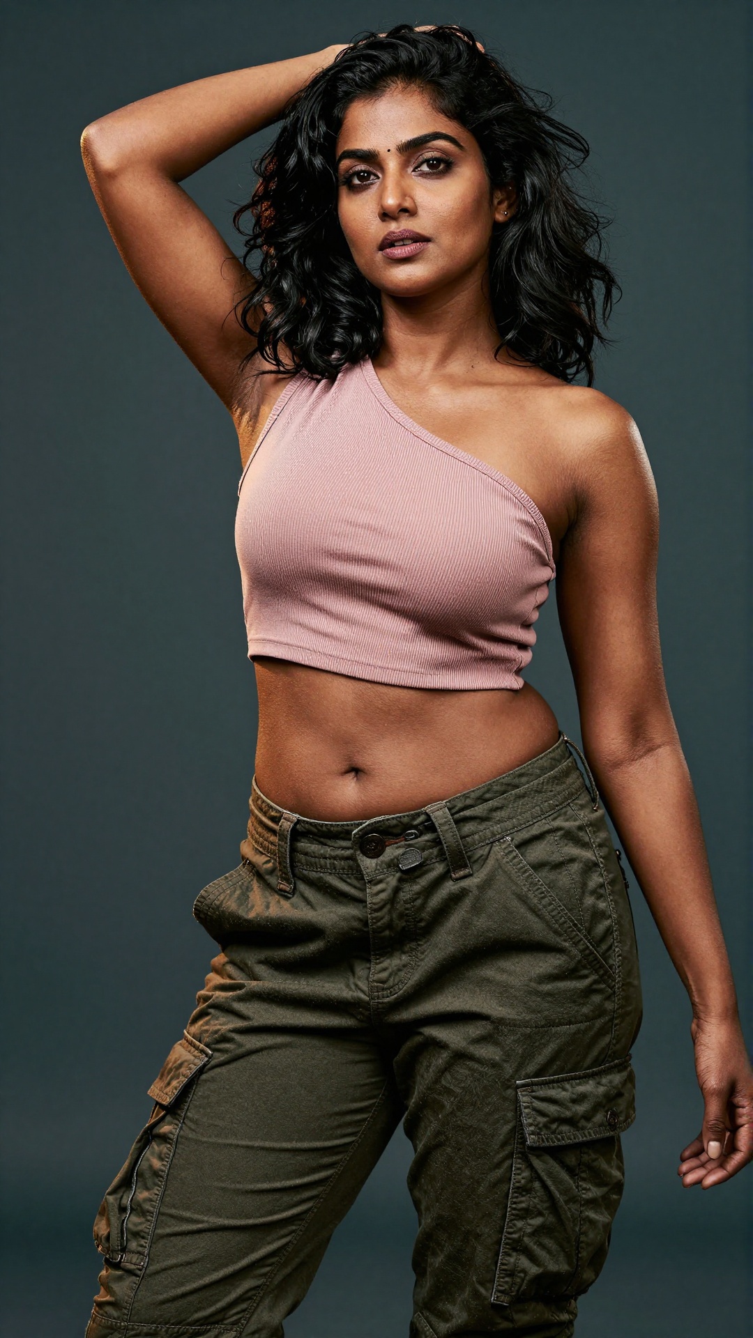 Confident young South Asian woman with warm medium tan skin,  athletic toned body shape with visible abs and defined waist...