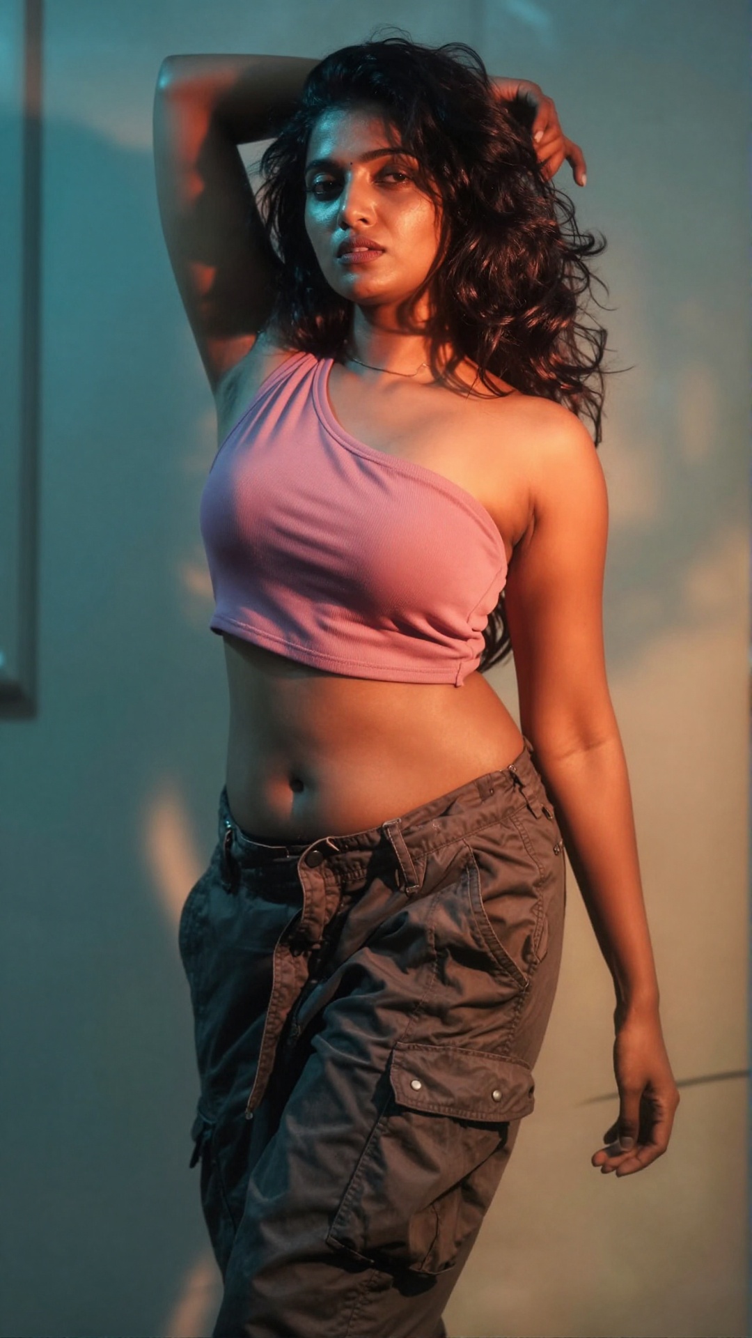 A strong and beautiful young South Asian woman with a fit,  toned body stands in a powerful pose,  her right arm gracefull...