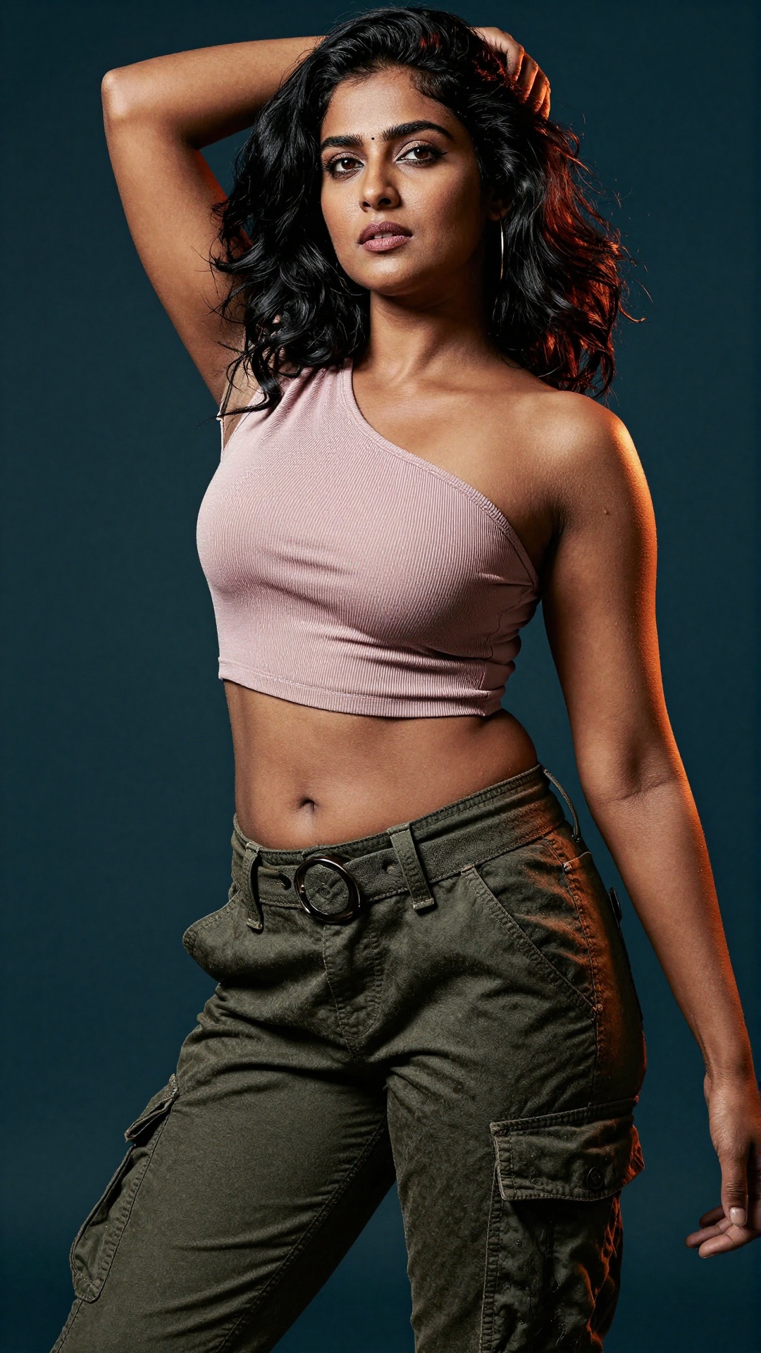 Confident young South Asian woman with warm medium tan skin,  athletic toned body shape with visible abs and defined waist...