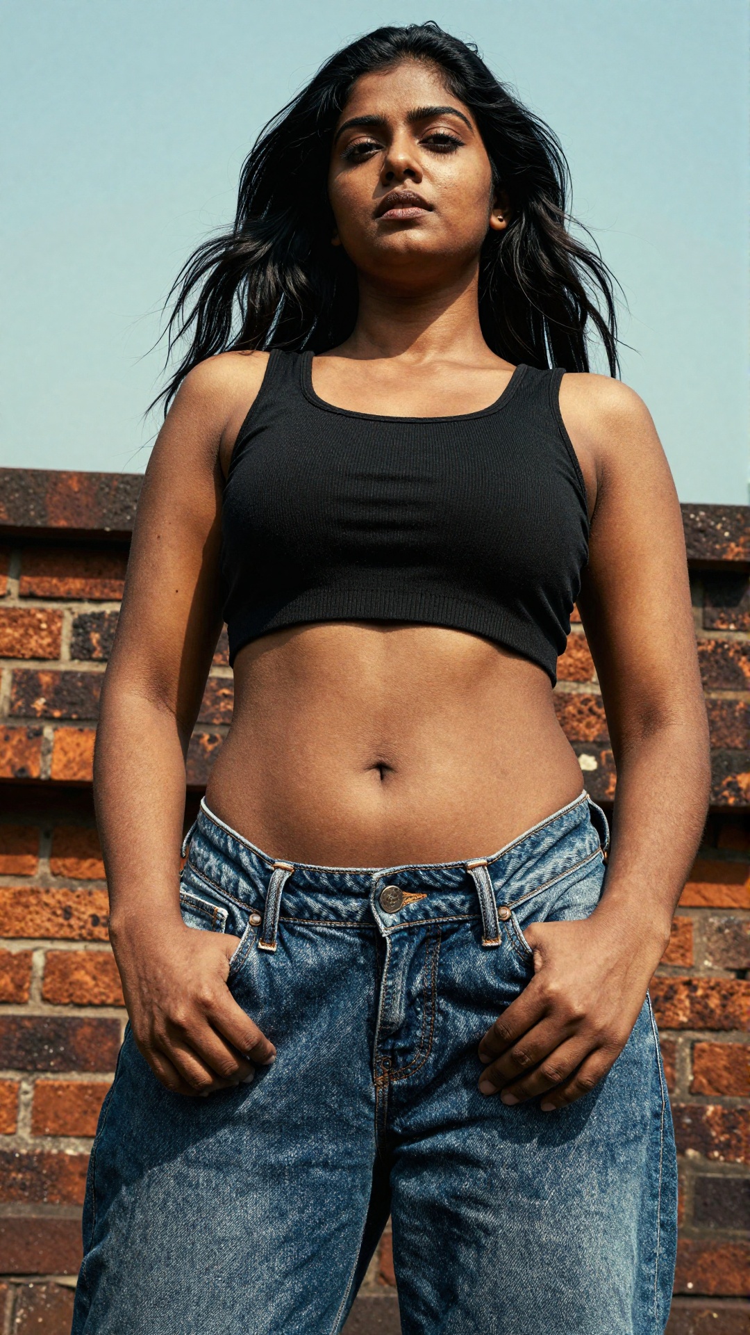 Extreme Low angle shot,  shot from ground level to sky,  A striking young South Asian woman with warm medium tan skin feat...