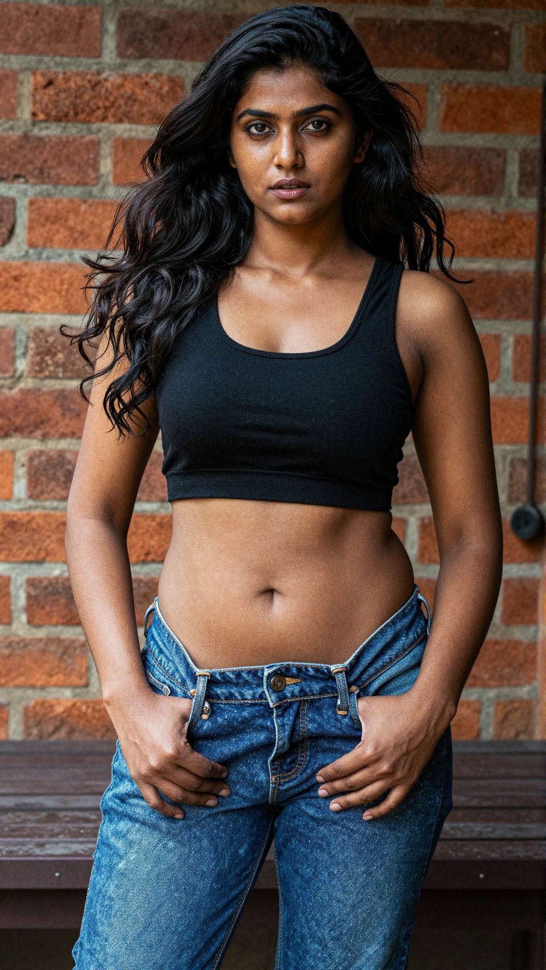 A striking young South Asian woman with warm medium tan skin featuring realistic imperfections like visible pores,  subtle...