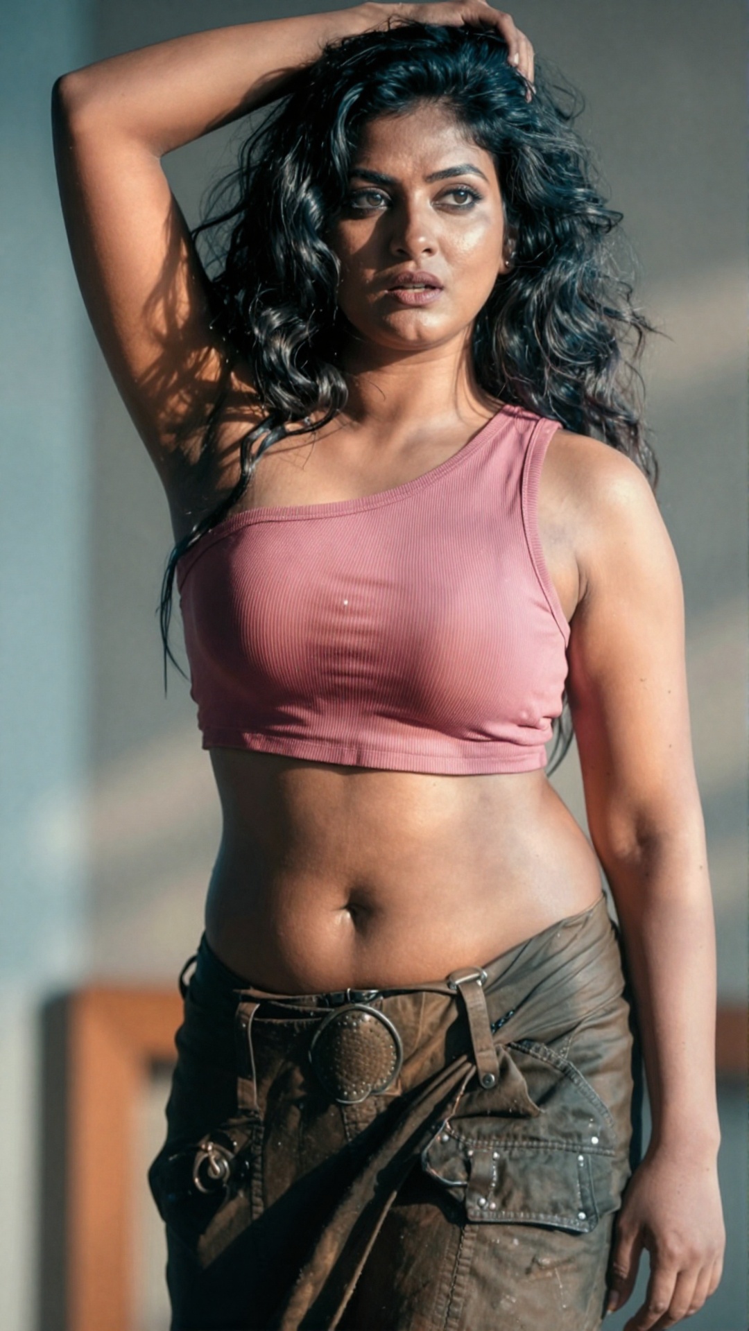 A strong and beautiful young South Asian woman with a fit,  toned body stands in a powerful pose,  her right arm gracefull...