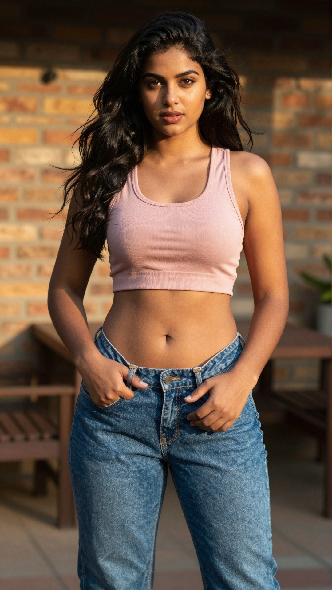 A striking young woman with glowing warm skin and long flowing dark hair stands boldly on an outdoor terrace,  her hands g...