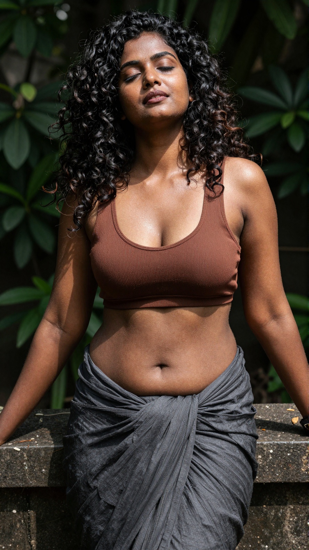 Create image An 8K ultra-high-resolution photograph captures a young South Asian woman with curly,  dark hair,  wearing a...