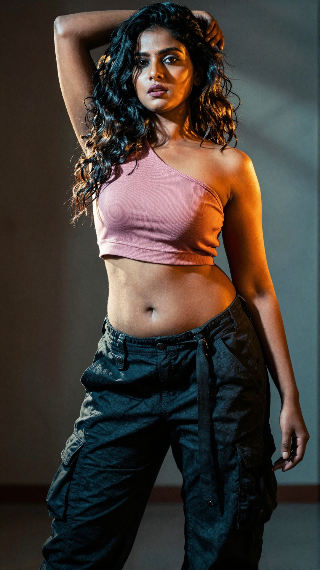 A strong and beautiful young South Asian woman with a fit,  toned body stands in a powerful pose,  her right arm gracefull...