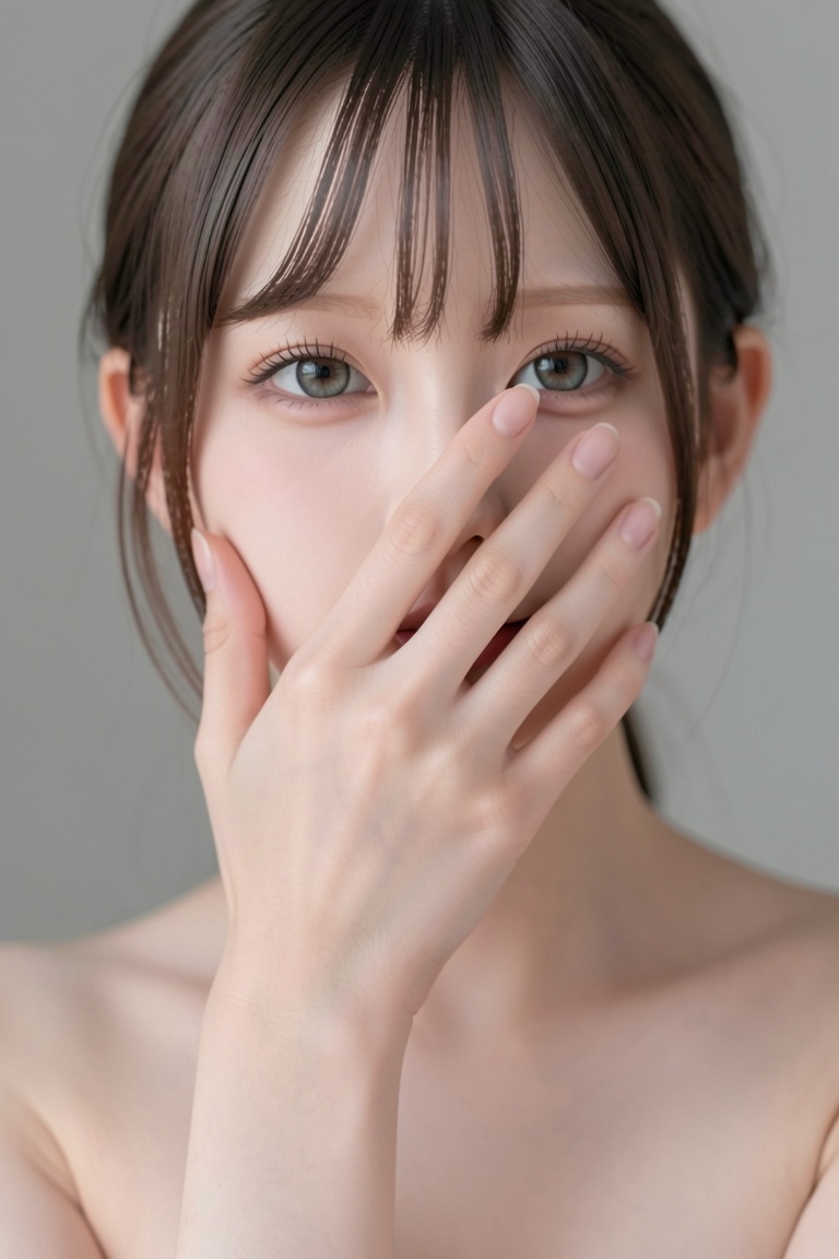 Japanese girl,  solo,  slender hand touching right cheek gently on Tensor.Art
