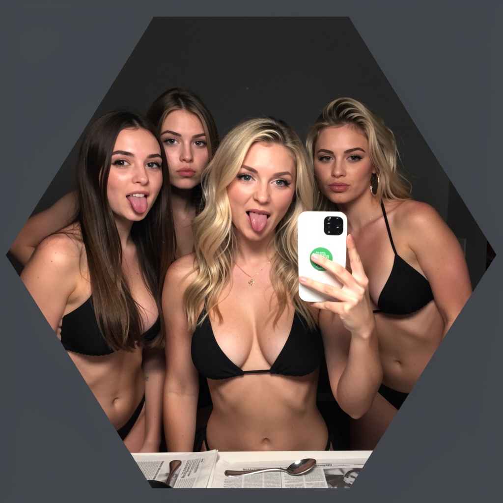 Photograph of four young women taking a selfie in a dimly lit room. The central woman,  with blonde,  wavy hair and light...