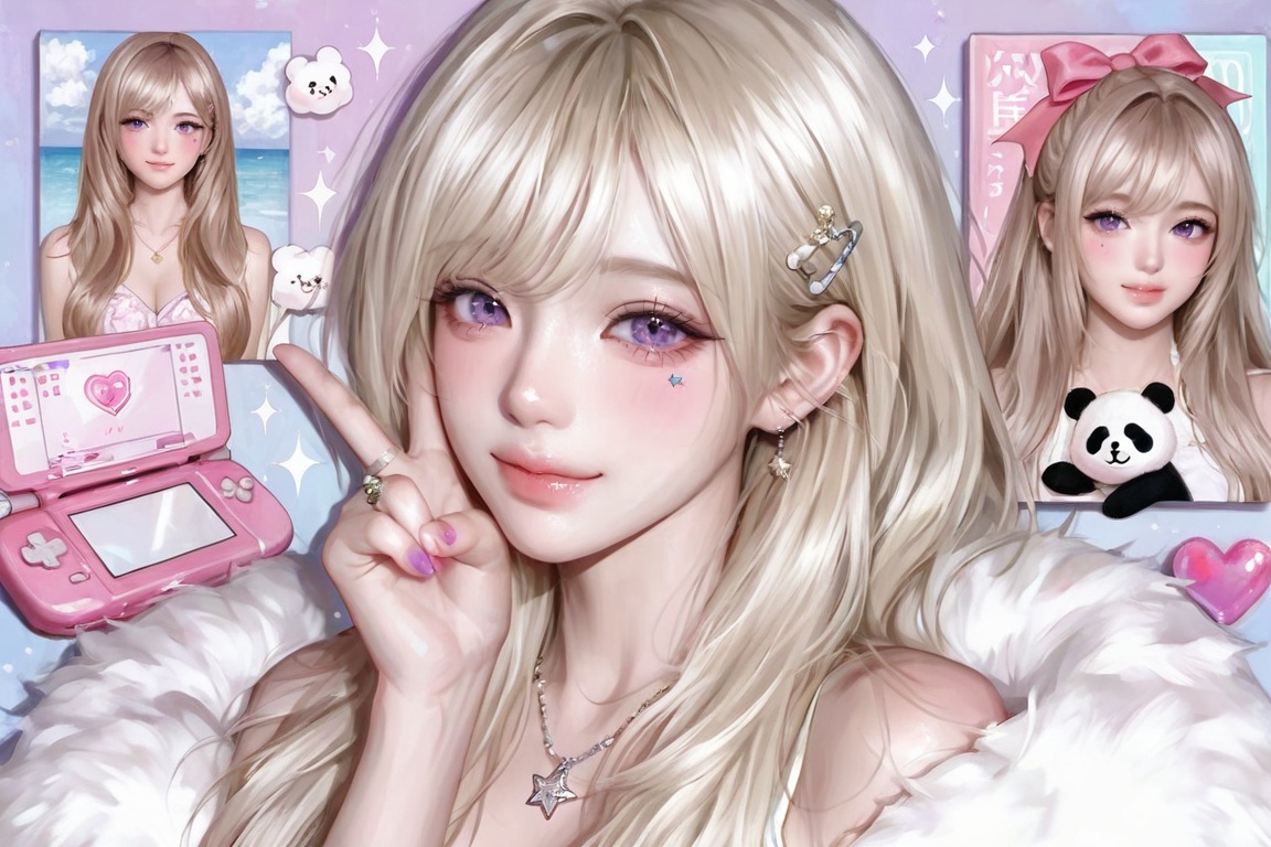 this shoujo manga-style illustration features a young girl with long,  pale blonde hair and large,  expressive purple eyes...