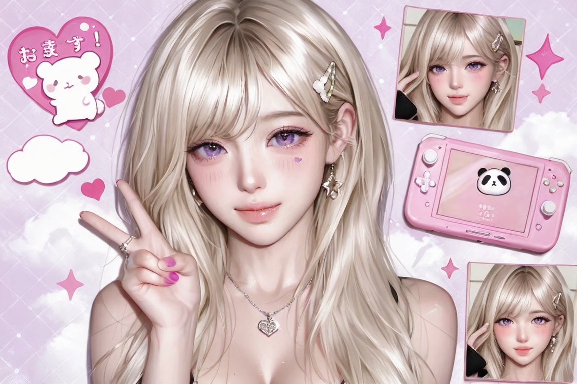 this shoujo manga-style illustration features a young girl with long,  pale blonde hair and large,  expressive purple eyes...