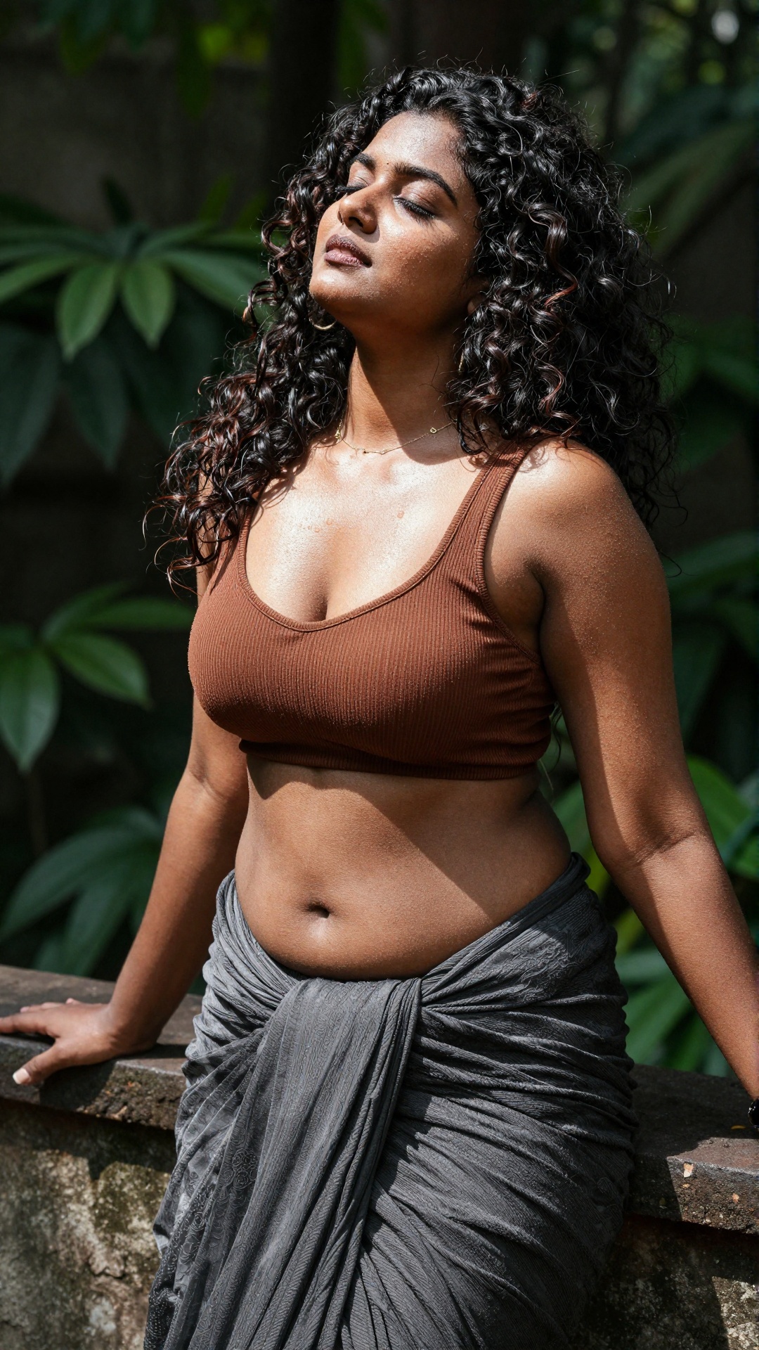 Create image An 8K ultra-high-resolution photograph captures a young South Asian woman with curly,  dark hair,  wearing a...