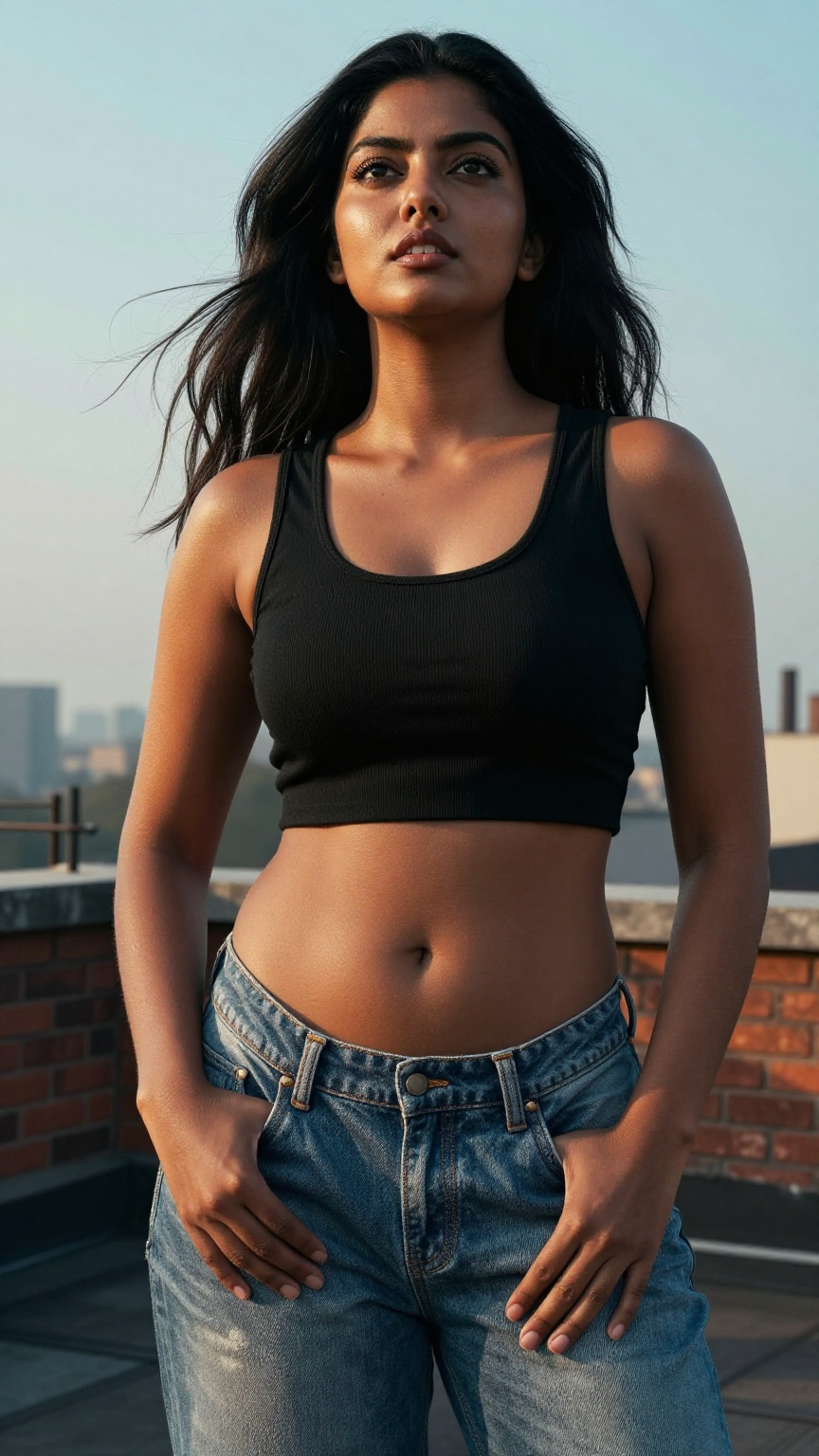 Extreme low-angle fashion photography shot captured from the ground looking dramatically upward into a bright evening sky,...