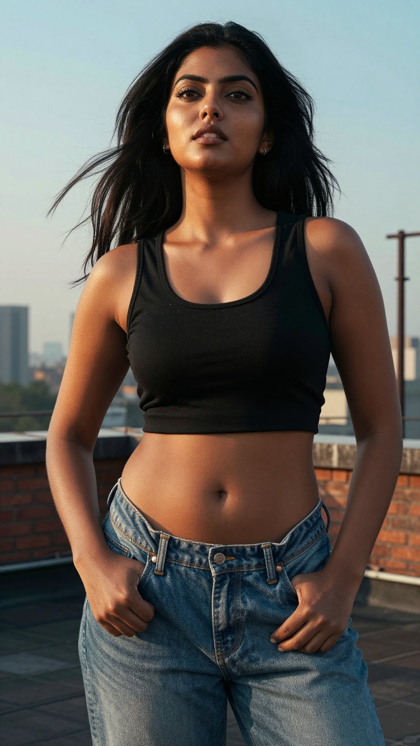 Extreme low-angle fashion photography shot captured from the ground looking dramatically upward into a bright evening sky,...