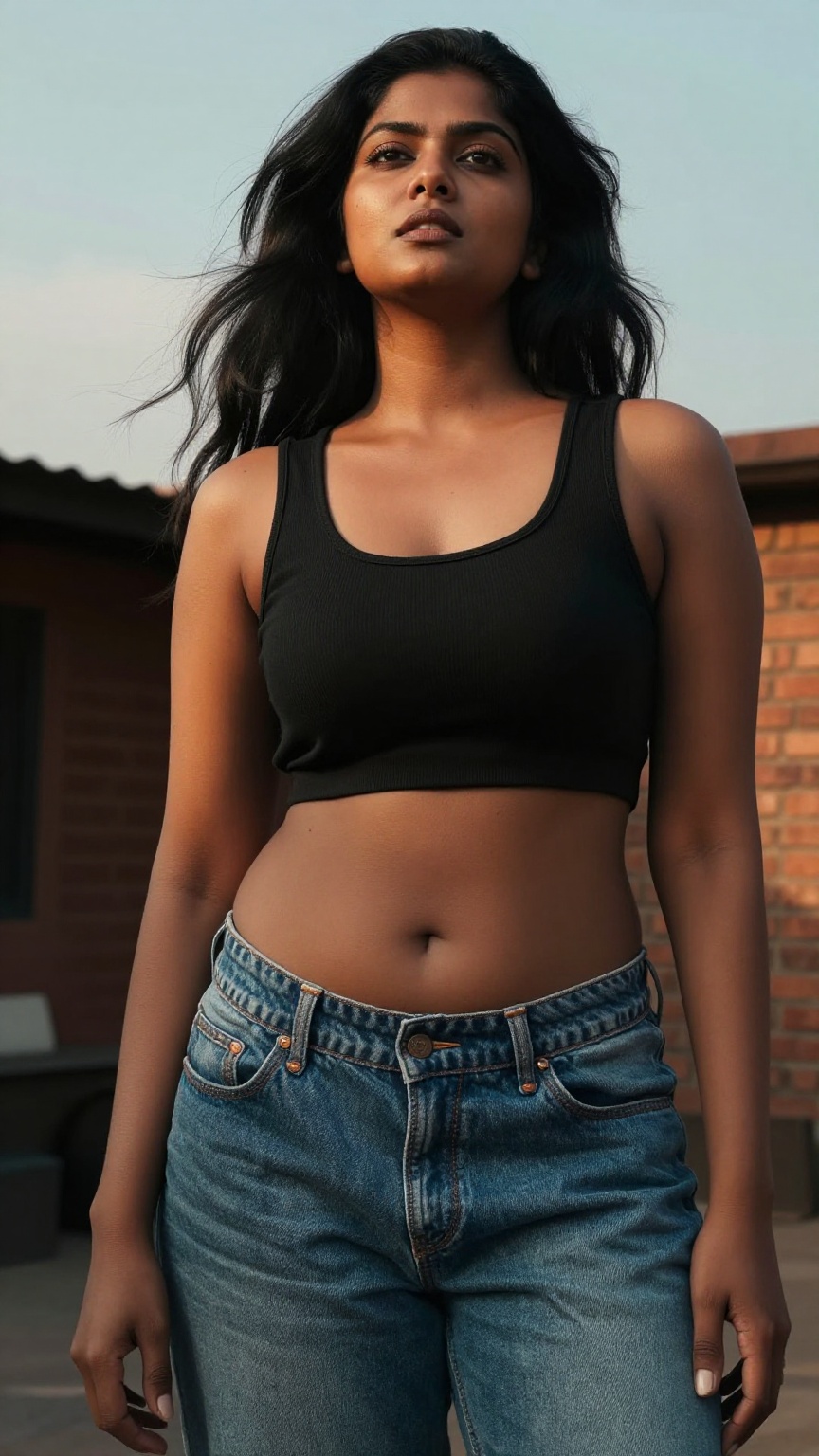 Extreme low-angle cinematic shot from ground level looking upward into the sky,  featuring a striking young South Asian wo...