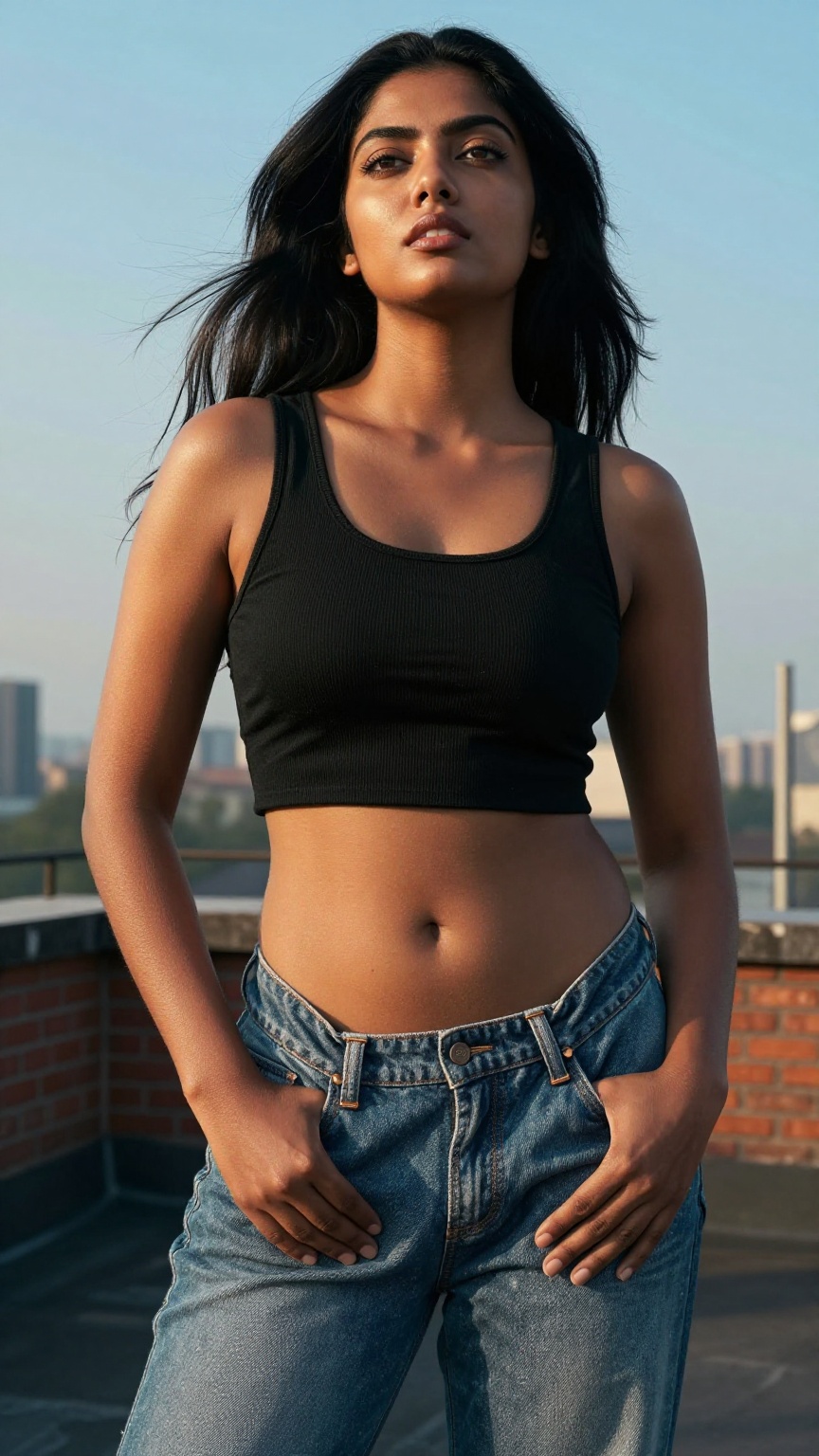 Extreme low-angle fashion photography shot captured from the ground looking dramatically upward into a bright evening sky,...