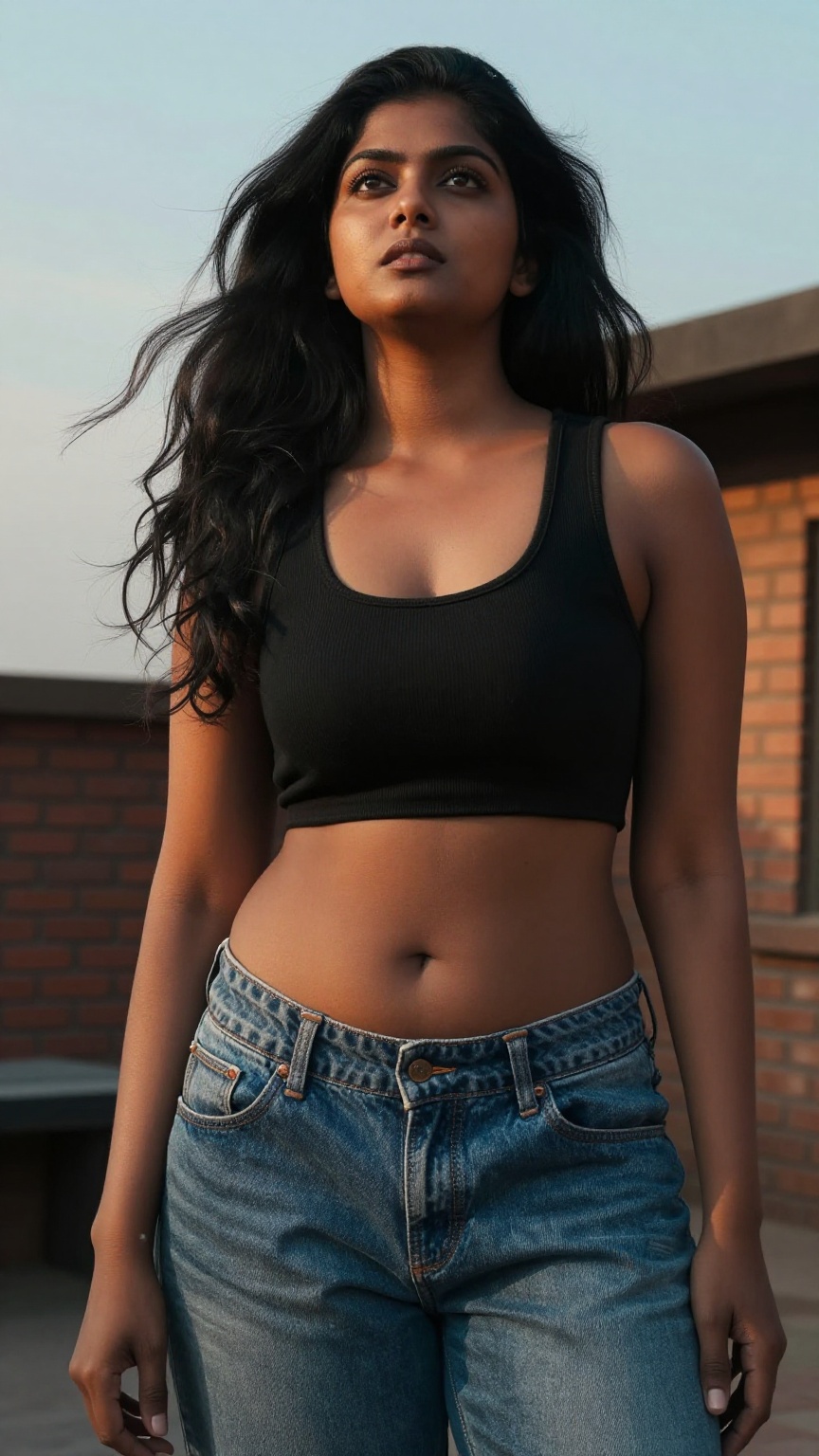 Extreme low-angle cinematic shot from ground level looking upward into the sky,  featuring a striking young South Asian wo...