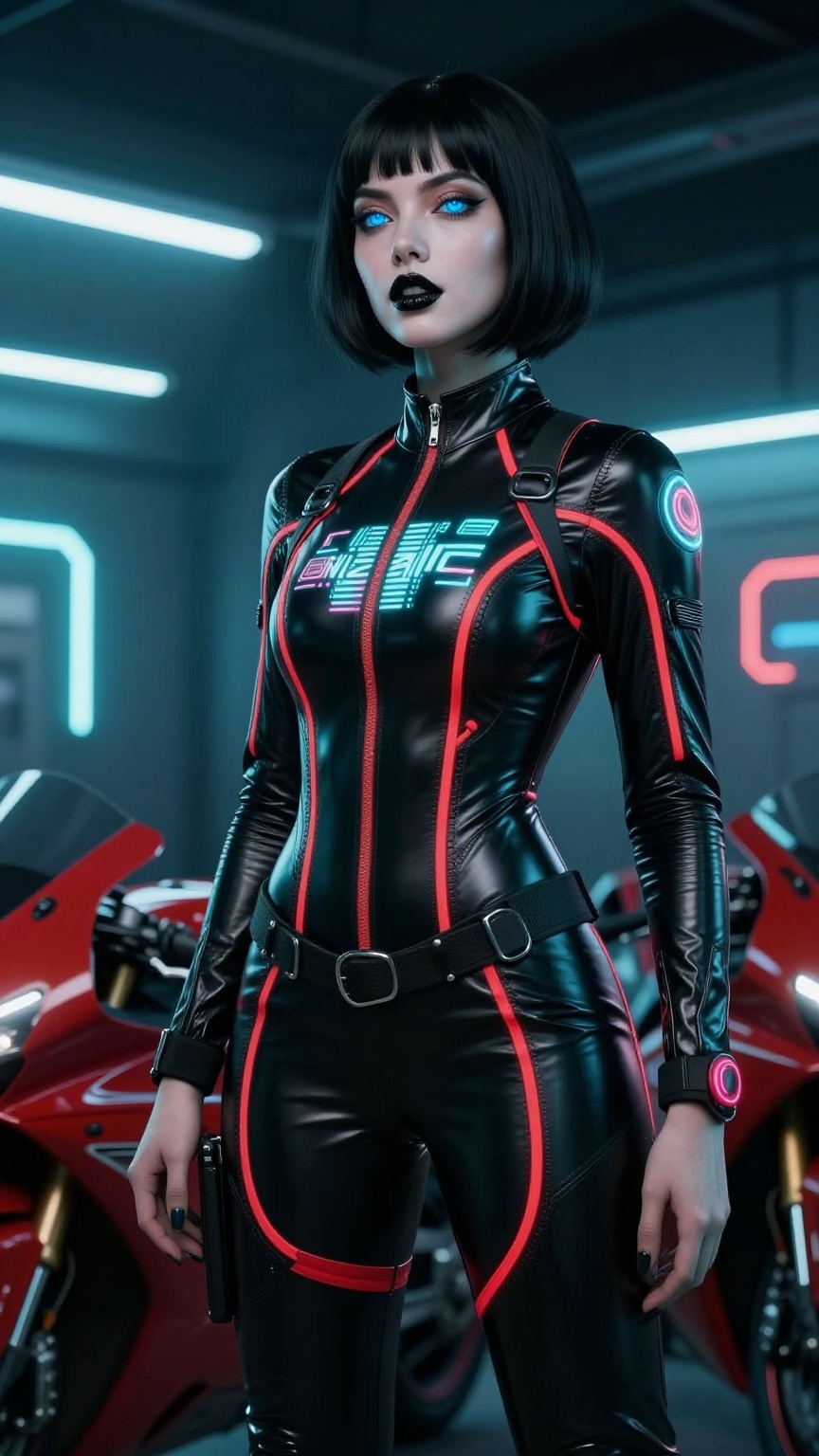 ultra-realistic cyberpunk woman with a short glossy black bob haircut,  pale porcelain skin,  black lipstick on Tensor.Art