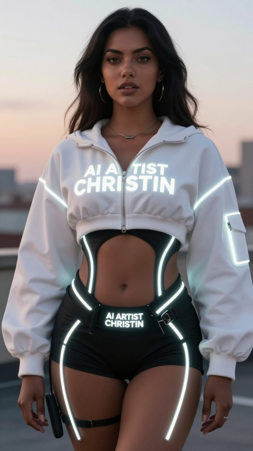 cinematic futuristic couture portrait of a woman with warm brown skin wearing a black exosuit with fluorescent white glowi...