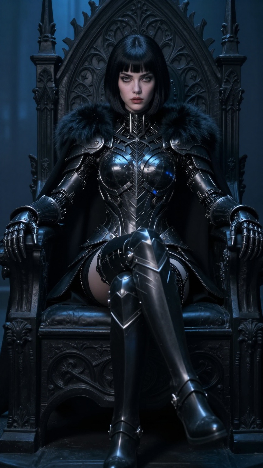 dark futuristic queen sitting on a gothic black throne,  wearing black biomechanical armor with sharp metallic details,  g...