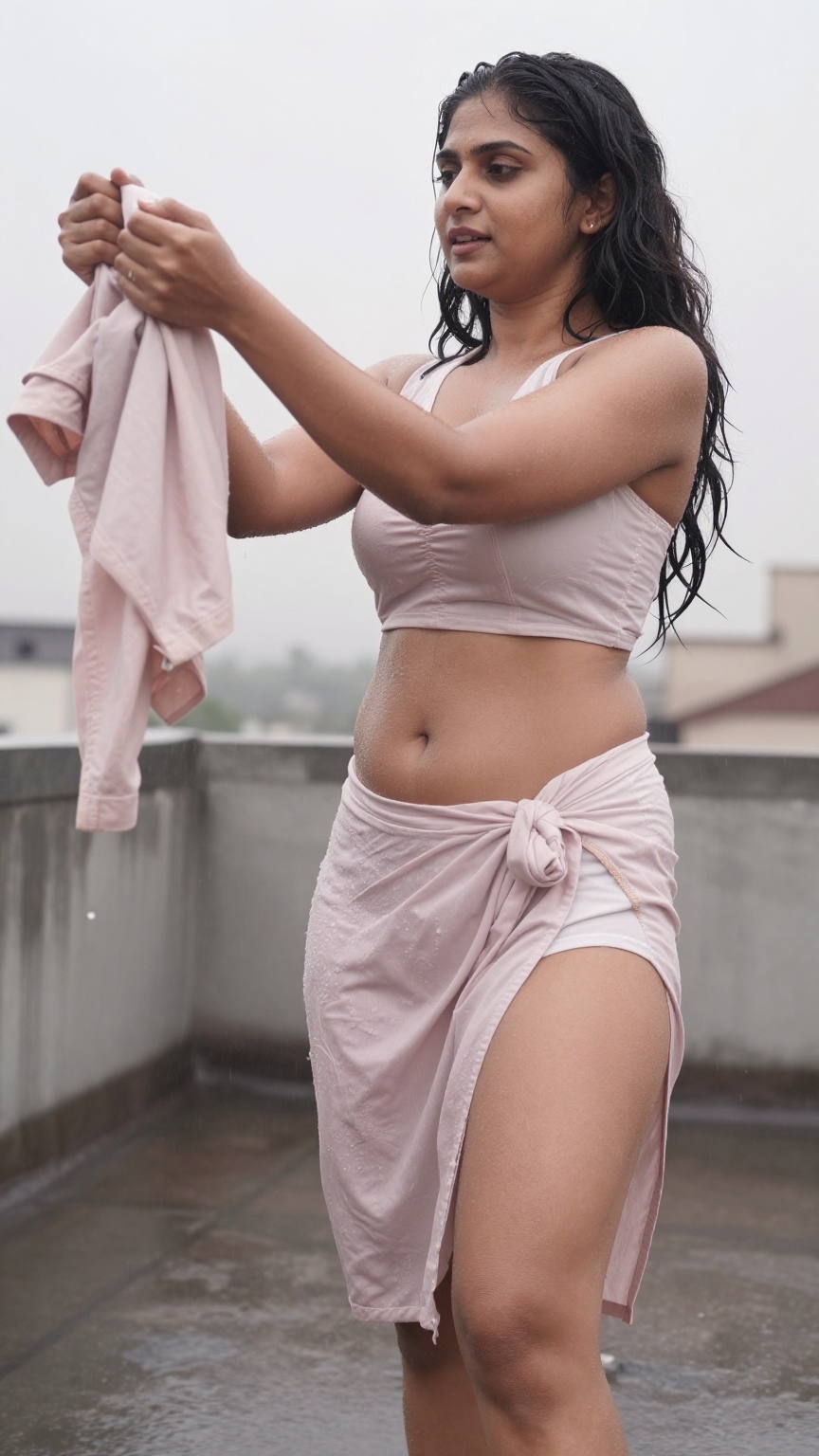 A young South Asian woman with fair skin and a strong muscular fit body stands on a rainy rooftop captured in a low angle...
