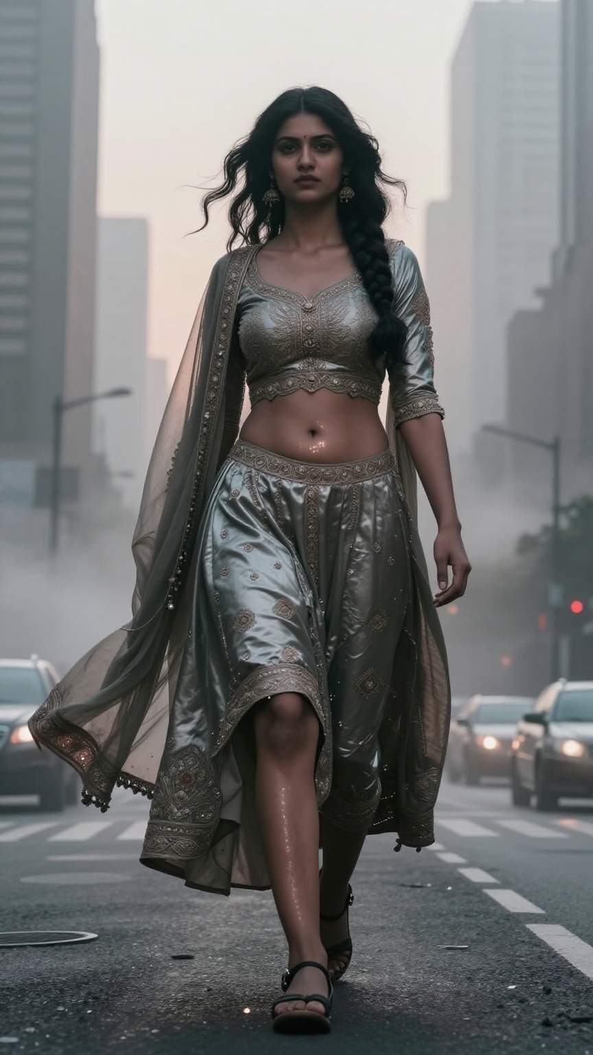 A cinematic documentary-style ultra-realistic scene of a colossal giantess walking through a futuristic megacity during ea...