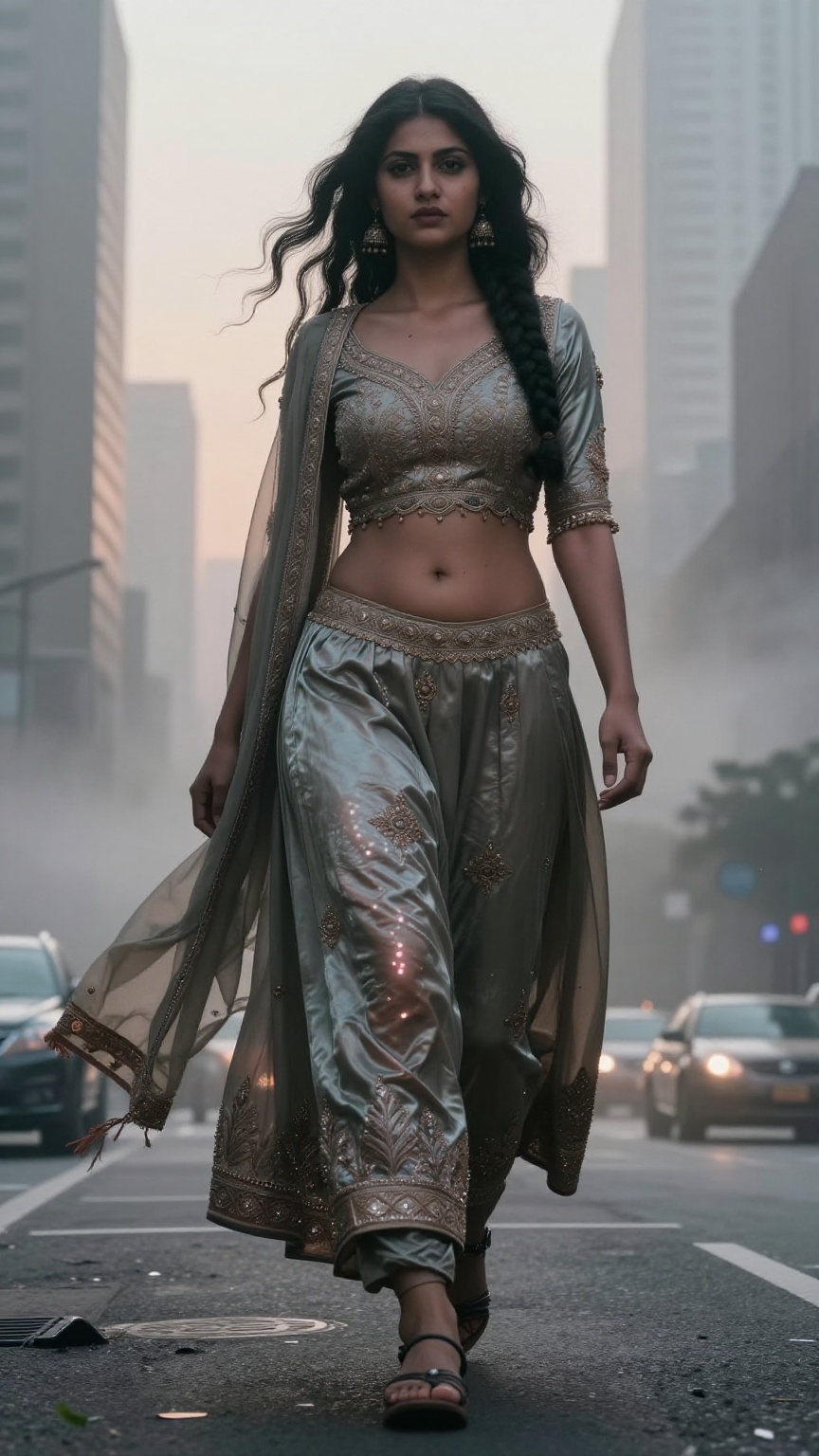 A cinematic documentary-style ultra-realistic scene of a colossal giantess walking through a futuristic megacity during ea...