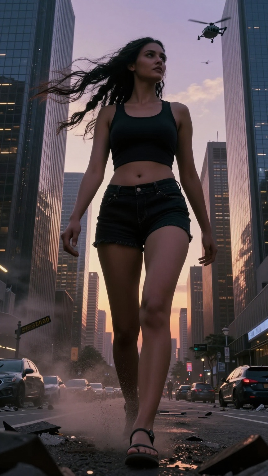 A highly detailed cinematic scene of a colossal giantess walking through a futuristic megacity at dusk with strong wind cu...