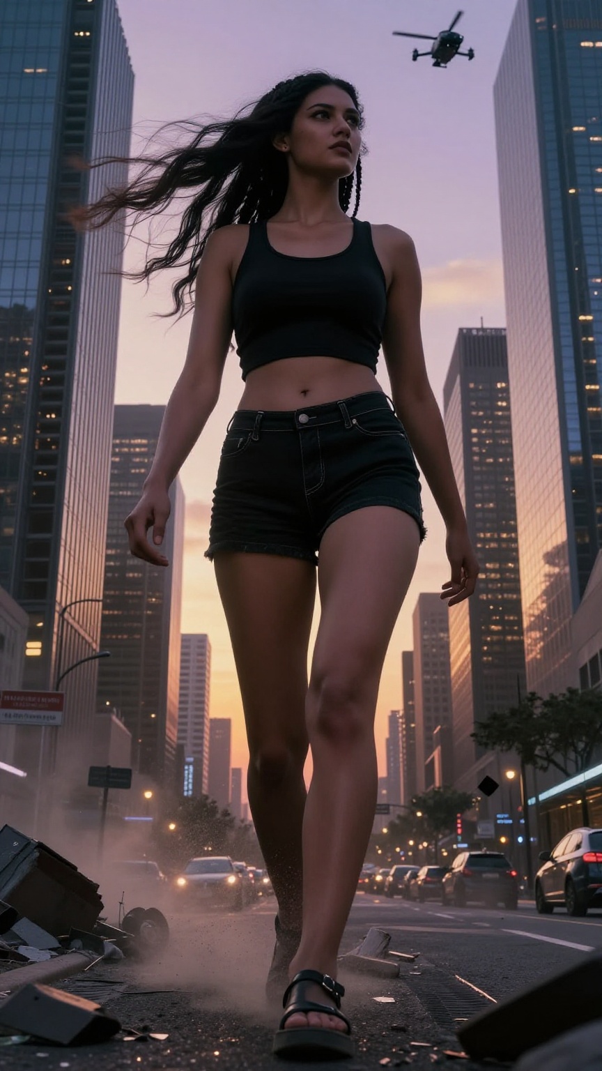 A highly detailed cinematic scene of a colossal giantess walking through a futuristic megacity at dusk with strong wind cu...